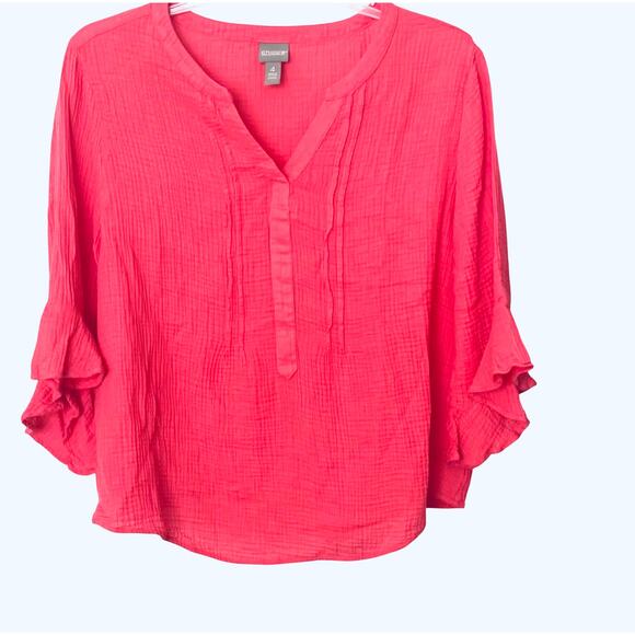 CHICO’S V-NECK 3/4 BELL SLV PULL-OVER BLOUSE, XXL/20 (CHICO’S 4), PINK PUCKERED - Picture 1 of 12